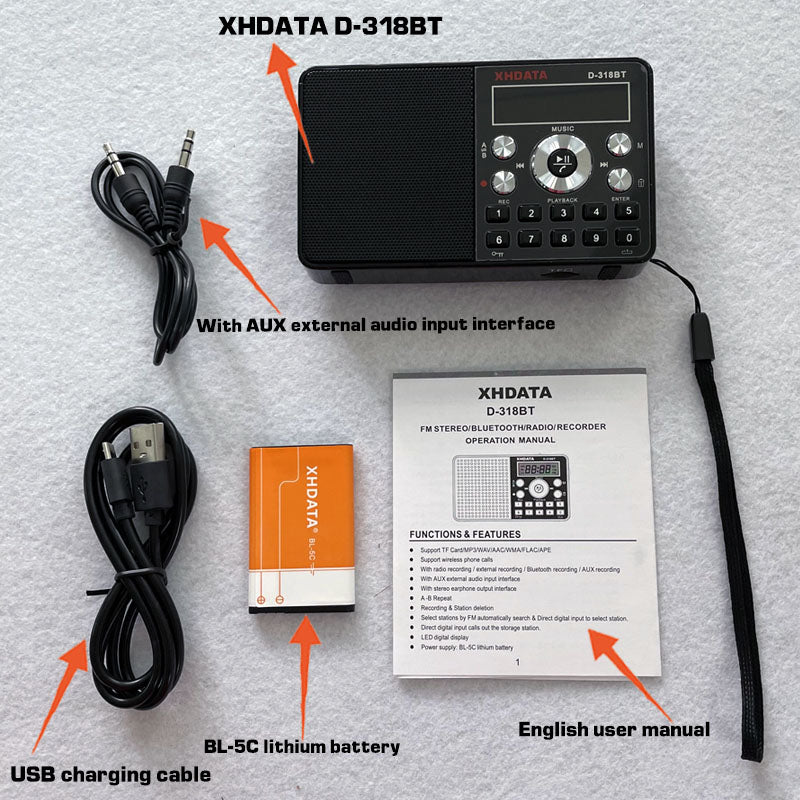 XHDATA D-318BT Mini-MP3-Player Fm tragbares Stereoradio TF-Karte Aufnahmelautsprecher + 8G TF-Karte